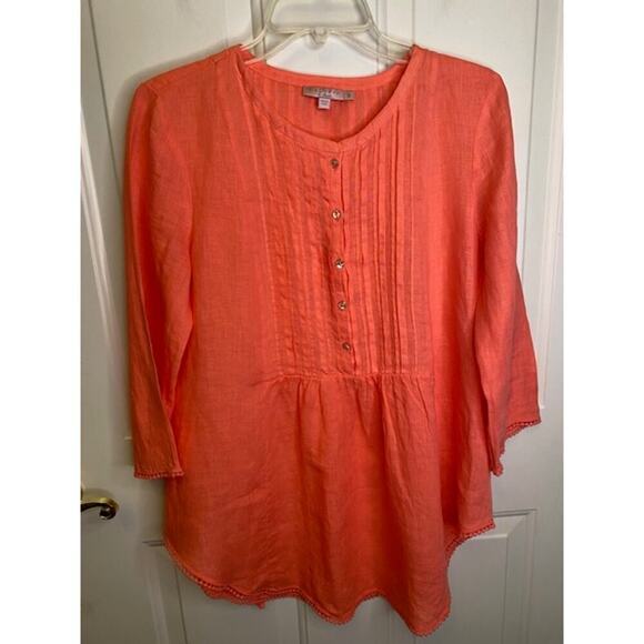 Calypso Linen 3/4 Sleeve Scooped Neckline Pleated Front Blouse Coral Size Small - Picture 9 of 9